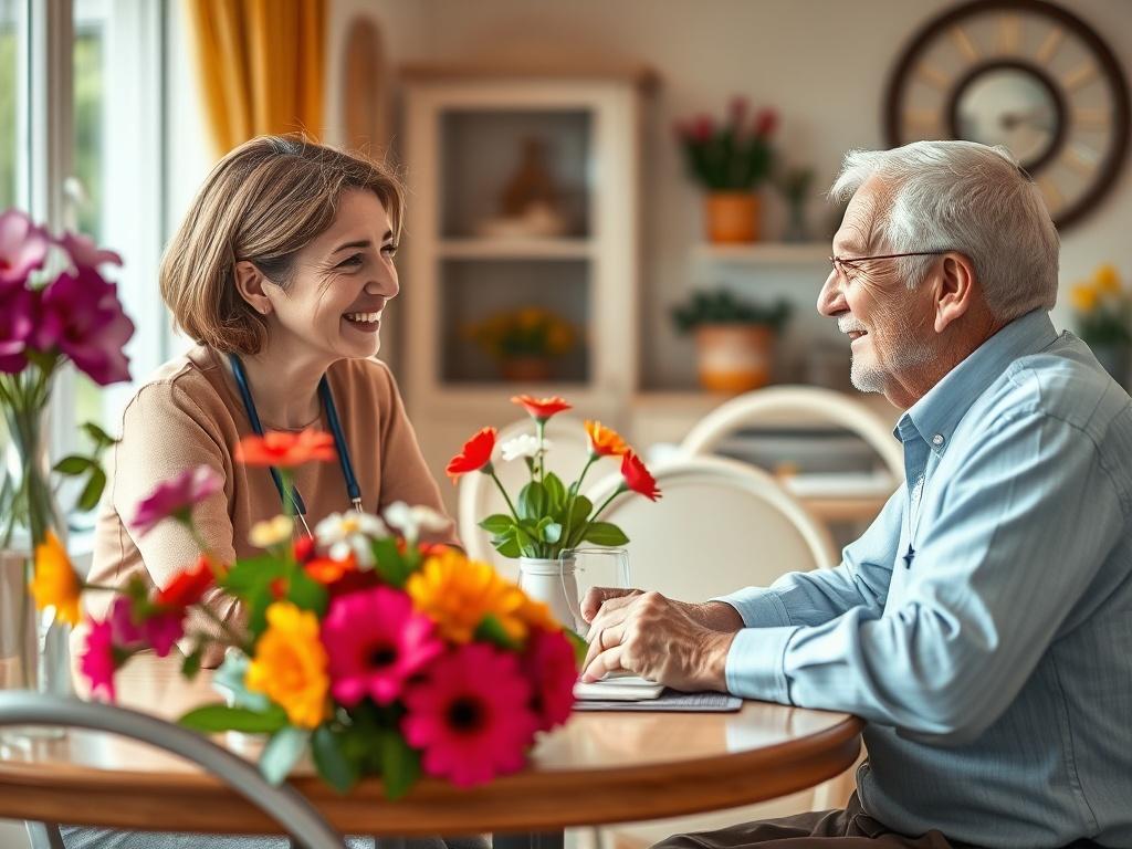 A caregiver engaging in a lively conversation with an elderly individual at a dining table, surrounded by vibrant flowers. The setting is bright and inviting, with the warm tones of the decor promoting a sense of community and companionship.