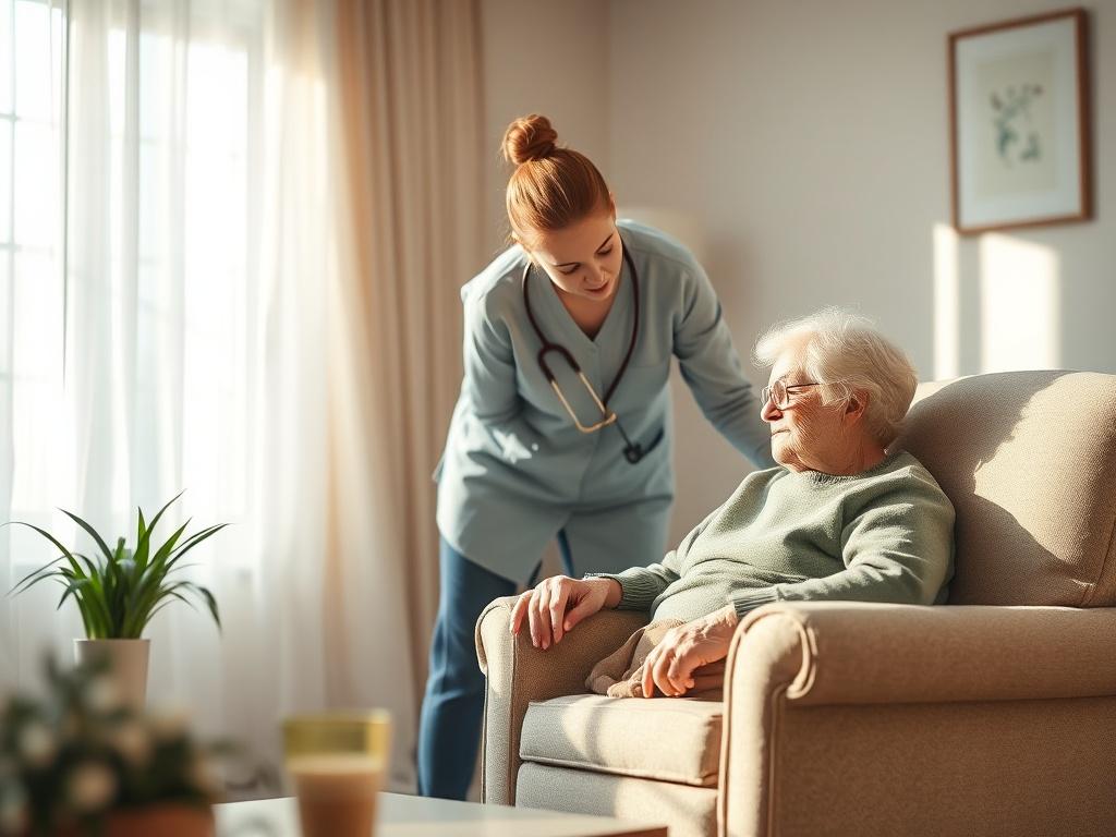 A serene living room setting with a caregiver gently assisting an elderly individual seated comfortably in a cozy armchair. Soft lighting illuminates the room, highlighting a warm atmosphere. In the background, a window with soft curtains lets in natural light, creating a peaceful ambiance.