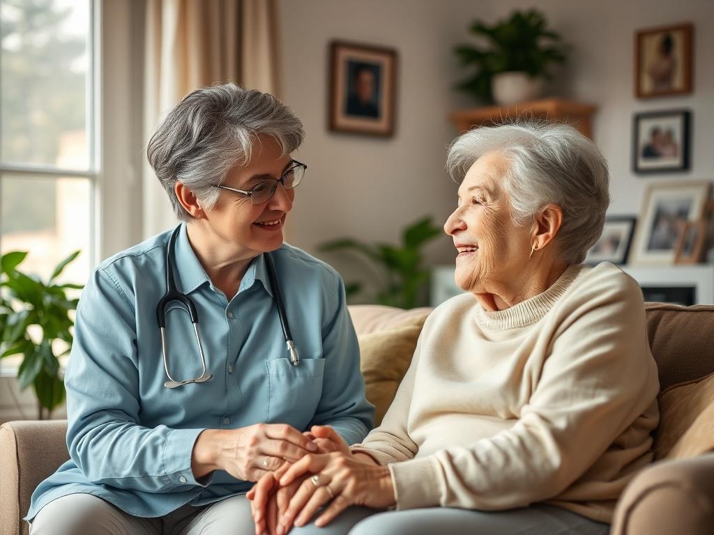 A serene home environment featuring a caring professional helping a senior person in a cozy living room. The setting includes soft natural lighting, comfortable furniture, and warm colors that evoke a sense of peace and safety. The professional is smiling gently, engaging with the senior, who appears relaxed and happy. The background includes family photos and plants, enhancing the homely atmosphere.