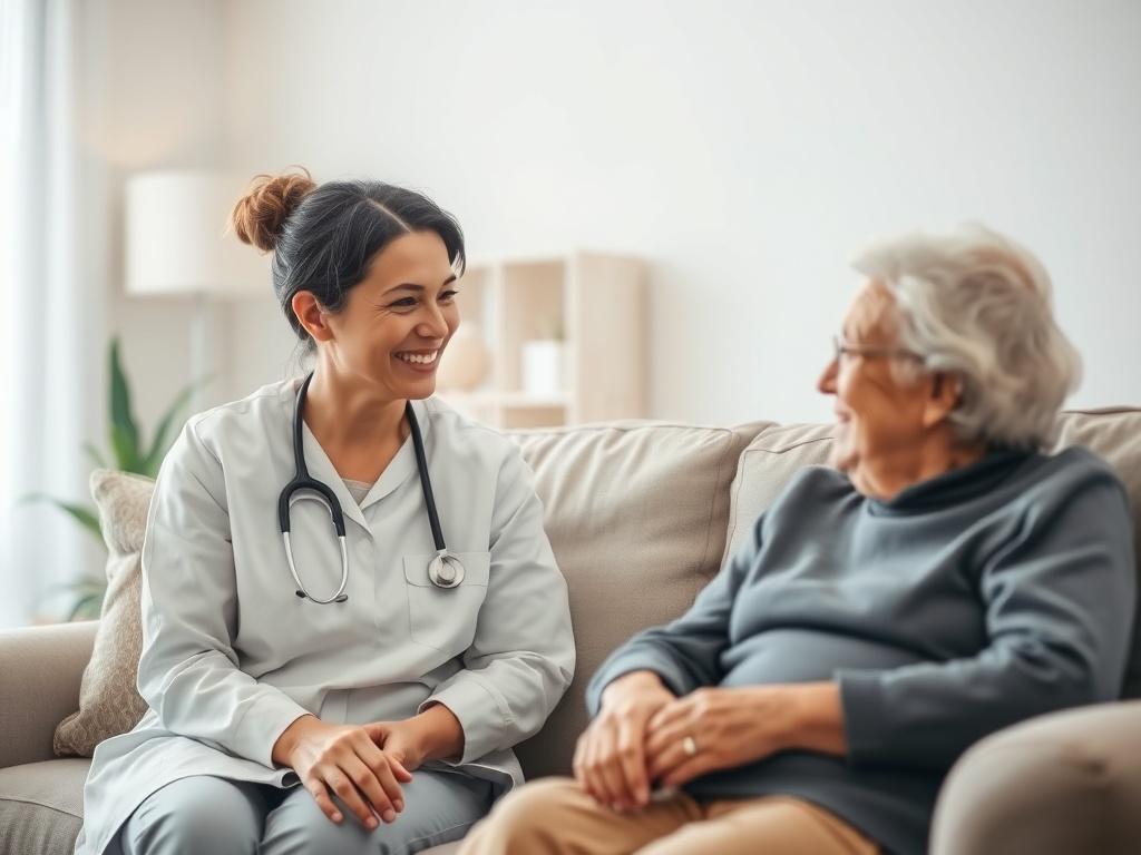 A serene and inviting scene featuring a compassionate caregiver sitting with an elderly client in a cozy living room. The caregiver is smiling warmly, engaged in conversation, while the client appears comfortable and at ease. The background should display soft tones with gentle lighting, creating a peaceful atmosphere. The colors should match the primary color palette of rgb(54, 169, 157), emphasizing trust and care.