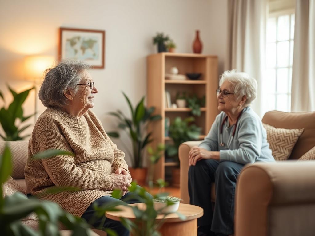 A cozy living room with soft lighting, featuring a friendly caregiver engaged in conversation with an elderly client. The room is warmly decorated with plants and comfortable furniture, creating a peaceful atmosphere.