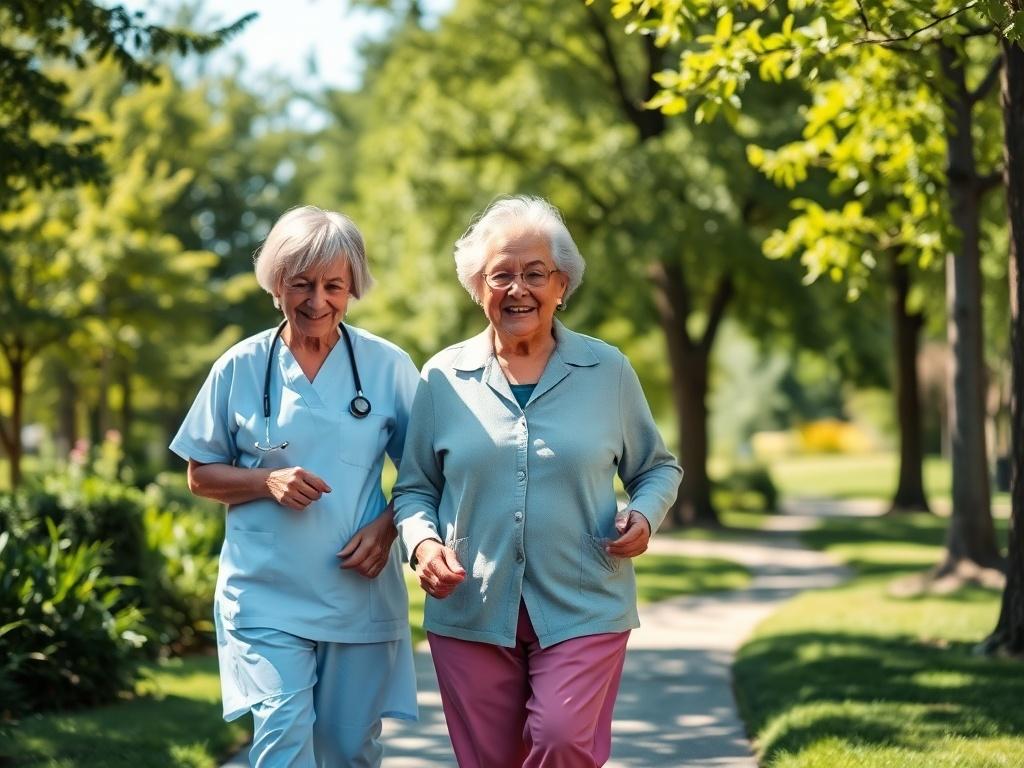 An outdoor park scene where a caregiver and an elderly client are enjoying a gentle walk together. The lush greenery and bright blue sky create a vibrant, uplifting environment.