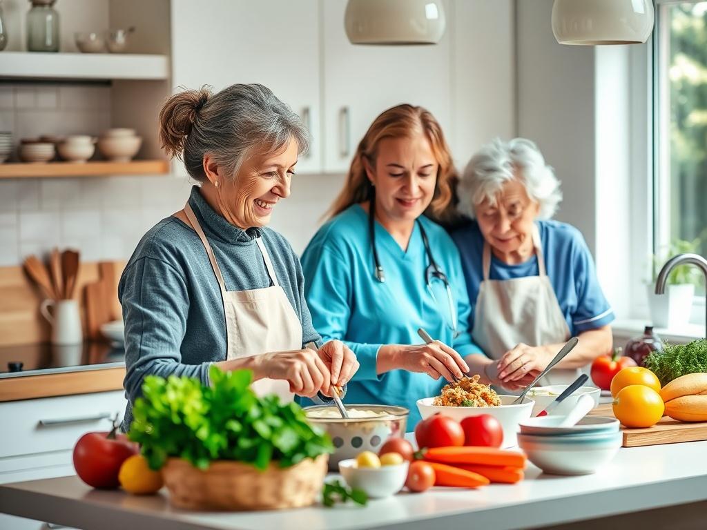 A bright kitchen scene with a caregiver and client preparing a meal together. The atmosphere is inviting and cheerful, with fresh ingredients and cooking utensils neatly arranged.