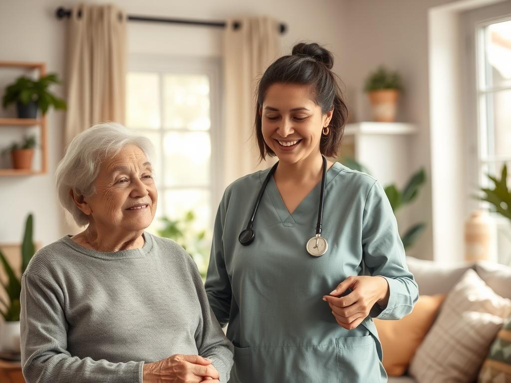 A serene home environment with soft natural light filtering through the windows. In the foreground, a caregiver gently assists an elderly person, both wearing warm smiles. The background features cozy home decor that conveys comfort and warmth, with plants and soft fabrics enhancing the peaceful atmosphere.