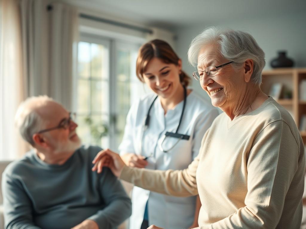 A serene home setting with a compassionate caregiver attending to an elderly client. The caregiver, a middle-aged woman with gentle features, is assisting the client, an elderly man, with a warm smile. Soft, natural lighting filters through a window, creating a peaceful atmosphere. The background displays comfortable home furnishings, emphasizing a cozy and inviting ambiance.