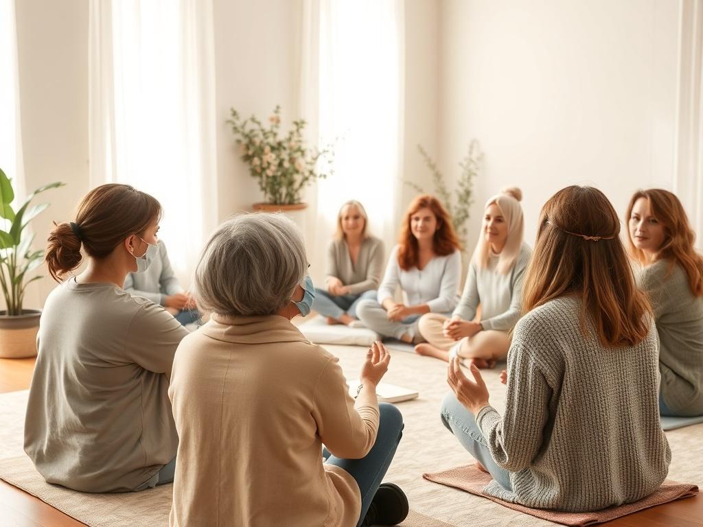 A serene environment with a group of individuals participating in a wellness workshop, engaged in discussions, with soft lighting and a calm atmosphere, reflecting a sense of community.