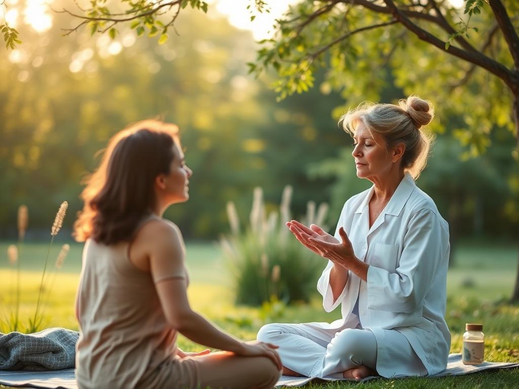 A tranquil outdoor setting where a health expert is guiding an individual through a personalized session, surrounded by nature, with soft lighting enhancing the calming atmosphere.