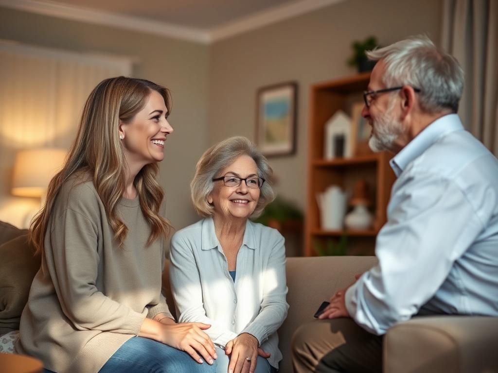 A warm and inviting home setting with a caring professional interacting with a client in a comfortable living room, soft lighting creating a peaceful atmosphere, with a focus on their engaged conversation.