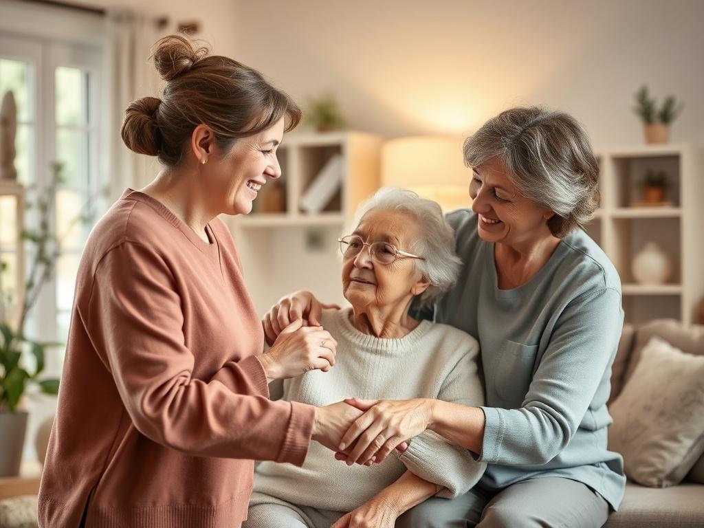A serene home environment with a friendly caregiver assisting an elderly person with daily activities. Soft lighting enhances the peaceful atmosphere, emphasizing warmth and care. The caregiver is engaging with the individual, showcasing compassion and attentiveness. The background displays a cozy living room with gentle decor, creating a comforting and inviting space.