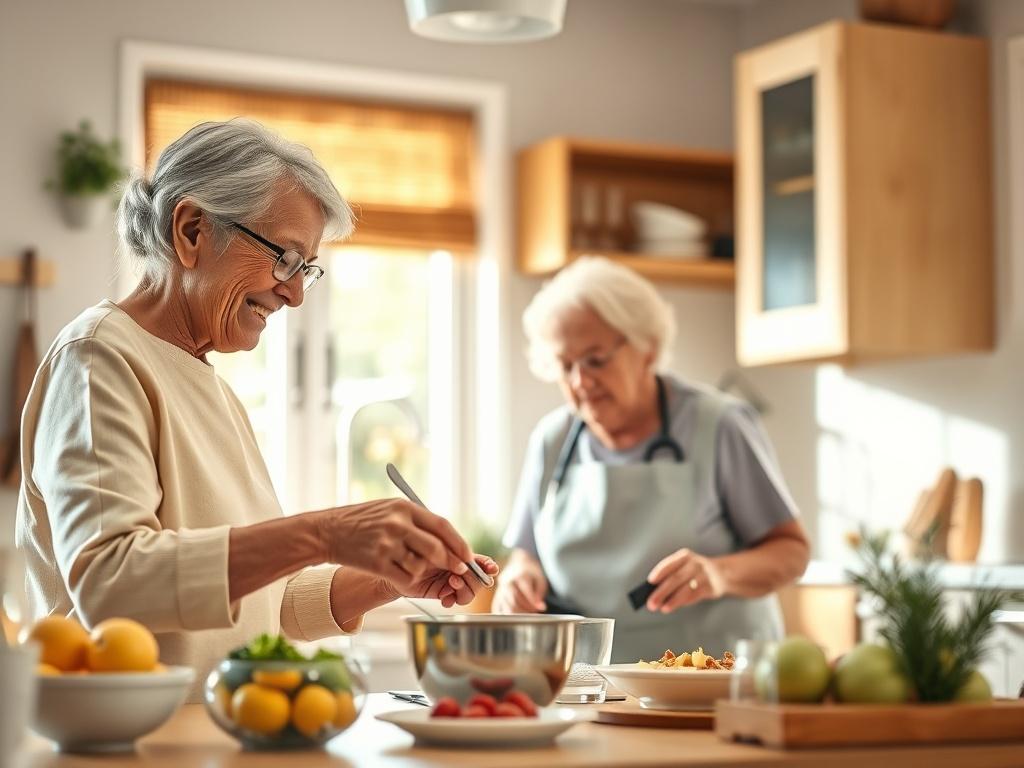 A bright, welcoming kitchen scene where a caregiver prepares a meal with an elderly client. The atmosphere is filled with warmth, highlighting the bond between them. Natural light filters through the window, creating a cheerful environment. The focus is on their interaction, illustrating care and support in a homely setting.