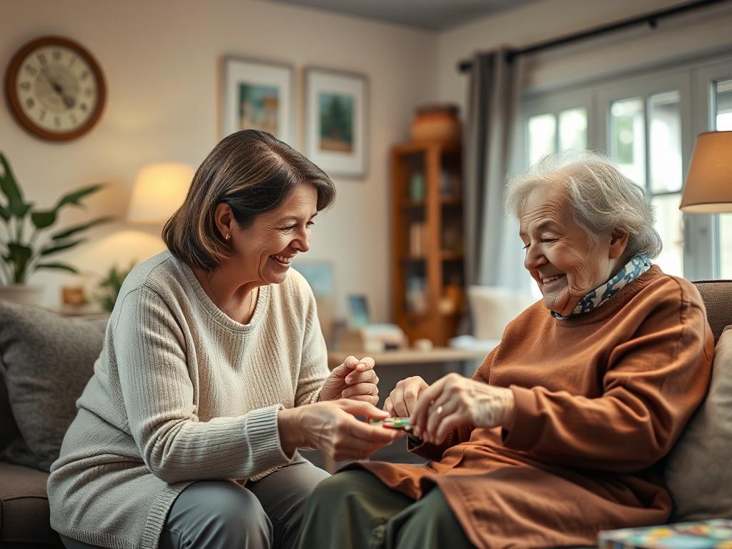 A tranquil living room setting where a caregiver and an elderly person are engaged in a fun activity, such as playing a game or doing a puzzle. The room is well-lit, filled with warm colors and personal touches. The focus is on their joyful interaction, reflecting companionship and support in a nurturing environment.