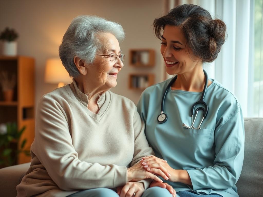 A serene home setting with a caring professional interacting with an elderly client, showcasing warmth and compassion. The background features soft, inviting colors and gentle lighting that create a peaceful atmosphere, reflecting the essence of non-medical home care. The focus is on the connection between the caregiver and the client, emphasizing empathy and support.