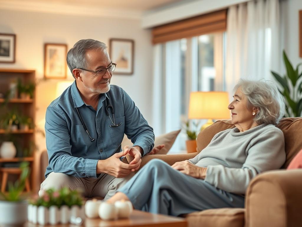 A serene home environment featuring a caring professional interacting with a client. The scene shows a warm, inviting living room with soft lighting, emphasizing a peaceful atmosphere. The professional, a middle-aged man in casual attire, is attentively listening to an elderly woman sitting comfortably on a couch. The background includes tasteful decor and plants, creating a calming and friendly ambiance.