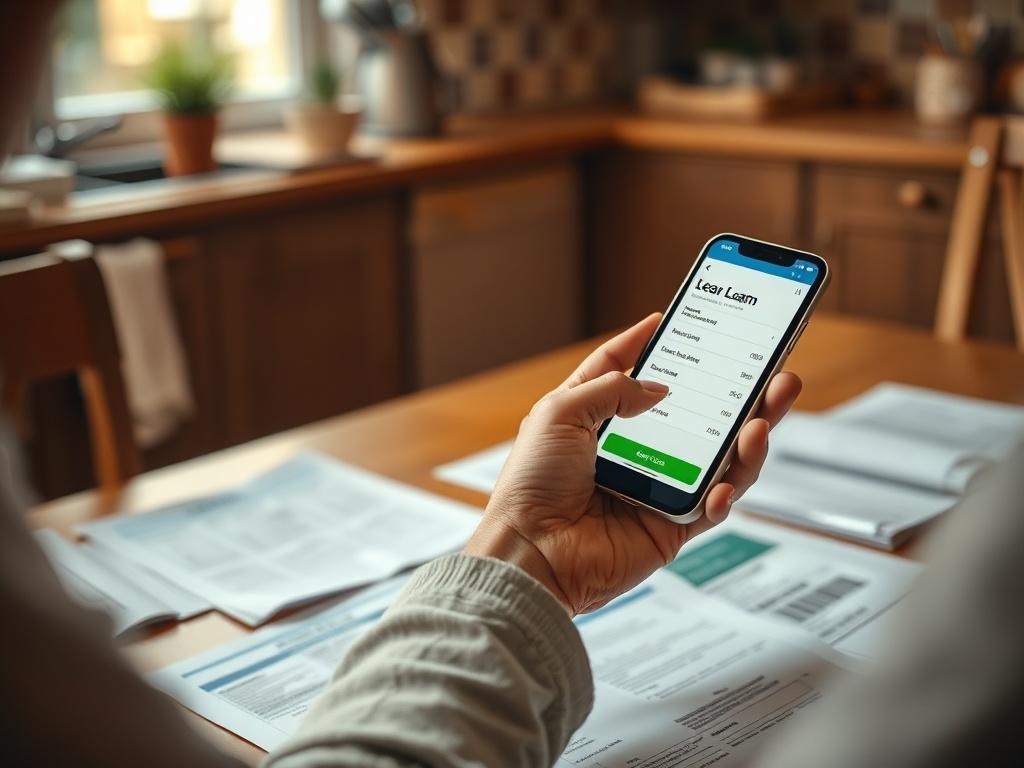 A close-up shot of a person holding a smartphone with a loan application on the screen, sitting at a kitchen table with urgent bills and papers scattered around. The background should be softly blurred to focus on the person and the phone. The lighting should be warm and inviting, conveying a sense of urgency and hopefulness.