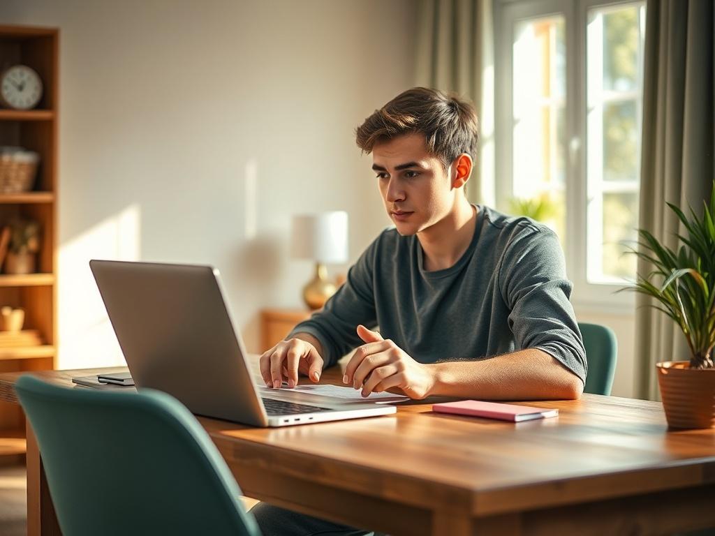 Create a realistic high-resolution photo that visually represents the concept of personal loans, specifically illustrating their essentials and benefits for individuals. The composition should be simple and clear, focusing on a single subject: a thoughtful young adult sitting at a wooden desk with a laptop open in front of them. 

The individual should be casually dressed, appearing engaged as they interact with a financial document or calculator, illustrating a moment of reflection on their financial optio