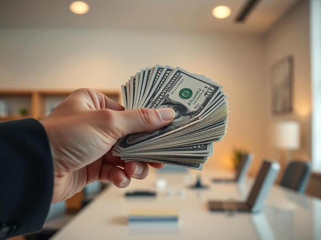 A close-up shot of a hand holding a stack of cash, symbolizing quick financial relief. The background should be a simple, soft-focus office environment, conveying a sense of professionalism and trust. Use realistic lighting to create a warm and inviting atmosphere, ensuring the cash is the focal point of the image.