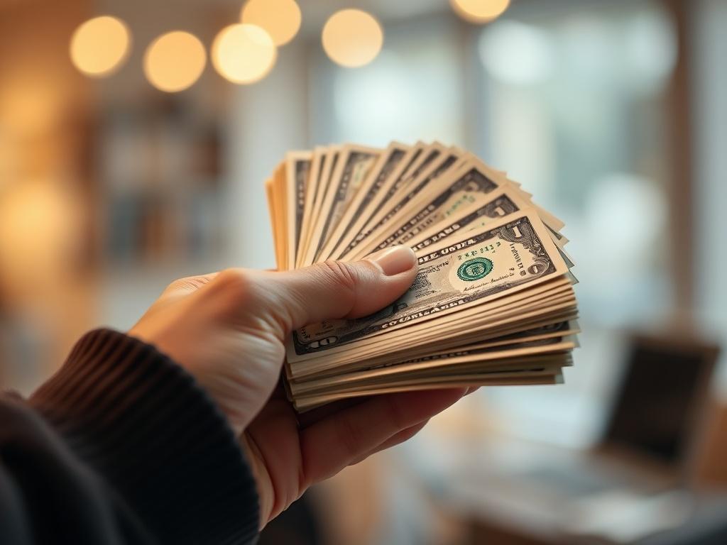 A close-up shot of a hand holding a stack of cash, symbolizing financial support and relief. The background should be blurred to focus on the cash, with warm lighting to create a welcoming atmosphere. The image should convey a sense of urgency and hope, reflecting the quick access to funds provided by payday loans. Use a hyper-realistic style, shot with a 45mm f/1.2 lens.