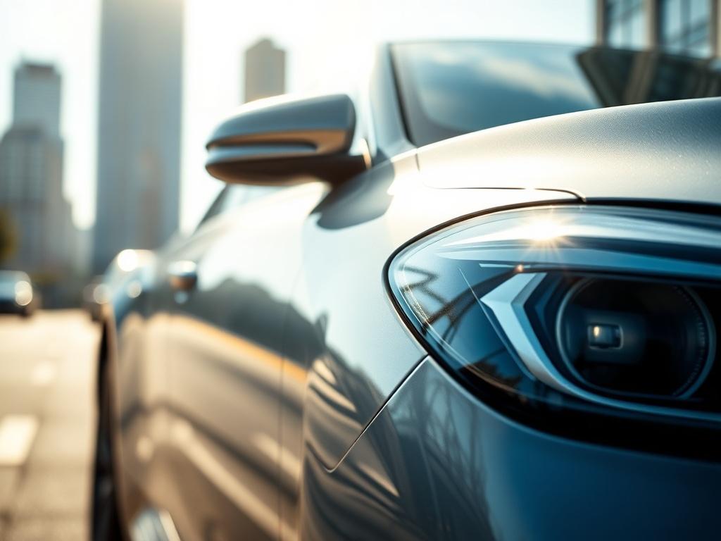 A realistic high-resolution close-up shot of a shiny new car parked on a city street, reflecting the sunlight. The background features a blurred skyline, creating a sense of urban adventure. The image should focus on the car's sleek design and metallic finish, emphasizing its modern features. The color theme should complement the rgb(226, 1, 1) primary color.
