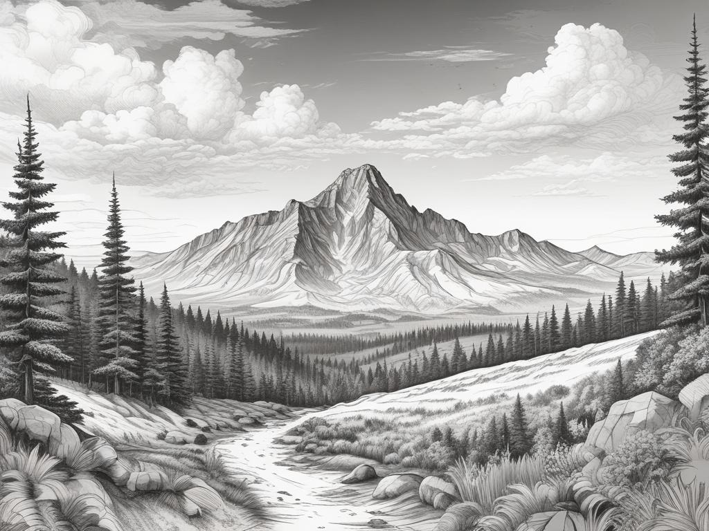 A detailed black and white pencil sketch of Wielka Racza, a mountain peak at 1236 m above sea level in the Beskid Żywiecki. The foreground features lush greenery and rocky terrain, while the background showcases a breathtaking view of the mountain range. The sky is clear with a few clouds, and there should be a sense of adventure and exploration in the atmosphere. The overall composition is simple and clear, focusing on the majestic mountain as the main subject.