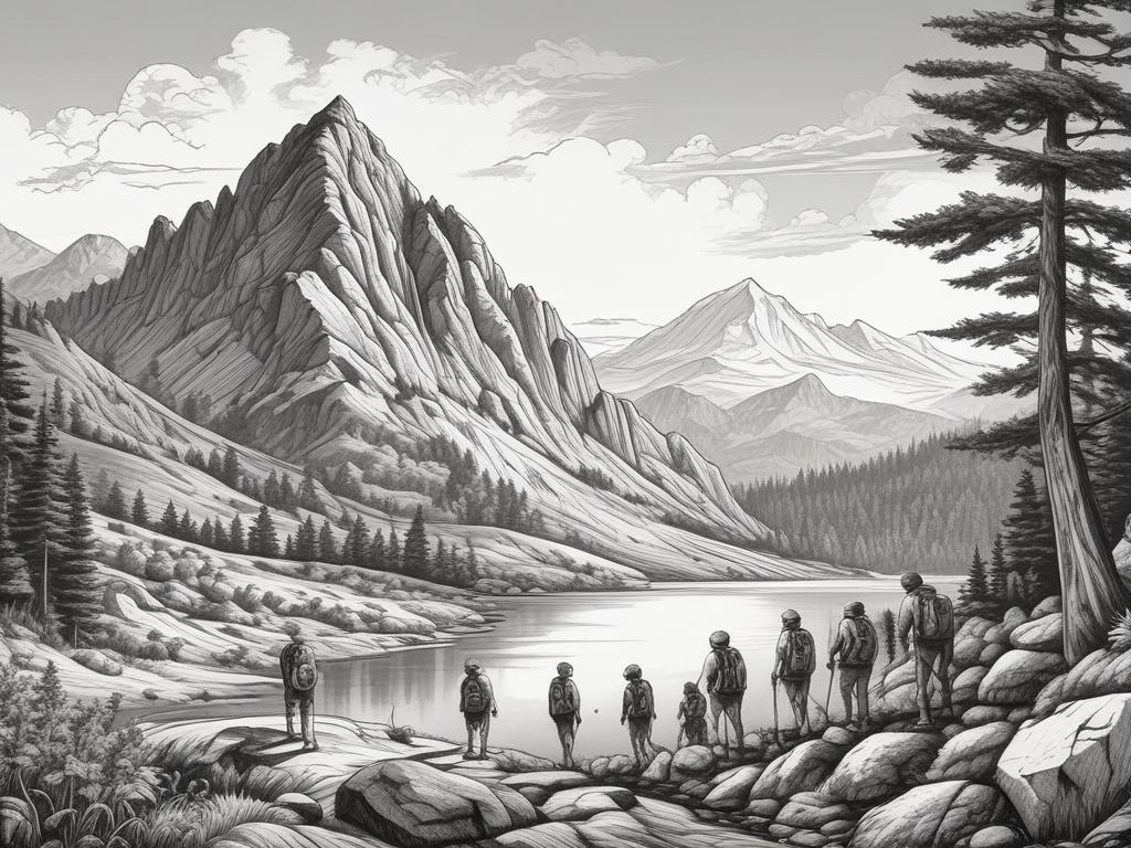 A detailed black and white pencil sketch of Waligóra mountain, showcasing its peak at 936 meters above sea level. The foreground features a group of hikers with backpacks, climbing up a rocky path. In the background, depict the lush greenery and rocky formations typical of Góry Kamienne. The sky should be clear, emphasizing the height of the mountain, and the overall composition should be simple and focused on the mountain and hikers.