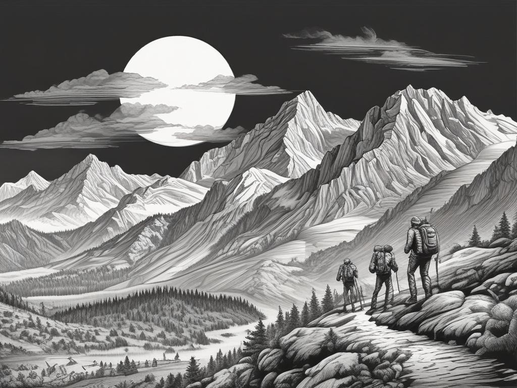 A detailed black and white pencil sketch of the Lackowa mountain peak at 997 meters, showcasing its rugged terrain and surrounding landscape. The foreground features a group of hikers ascending the mountain, capturing the spirit of adventure and teamwork. The background includes a panoramic view of the Beskid Niski range, with trees and clouds enhancing the sense of elevation and beauty.