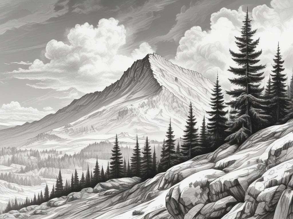 A highly detailed black and white pencil sketch of the peak of Skrzyczne in the Beskid Śląski mountains. The composition should focus on the mountain summit, showcasing its rugged terrain and steep slopes. Surround the peak with a clear sky and a few clouds, capturing the essence of a bright day. The foreground should include some rocky outcrops, hinting at the path leading up to the summit, while the background should portray the distant mountain range. The overall style should be fine-detailed to reflect 