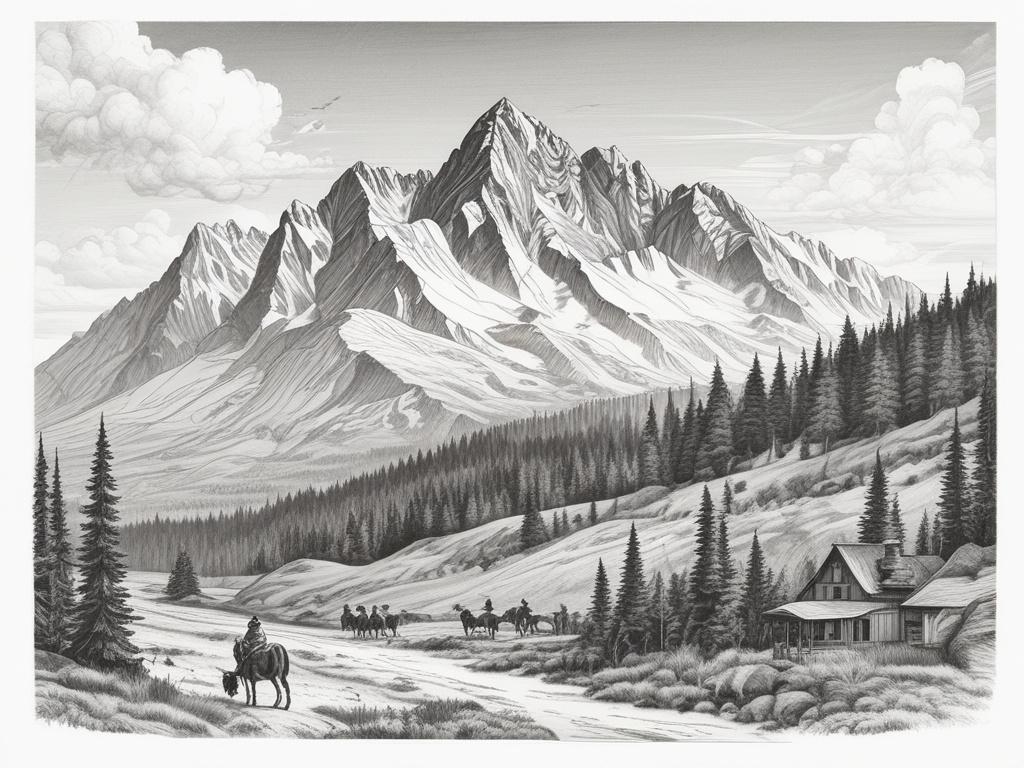 A detailed black and white pencil sketch of Rysy mountain in the Tatra Mountains, showcasing its majestic peak reaching towards the sky. The foreground includes hikers climbing the rocky terrain, with picturesque valleys and other mountain peaks in the background. The composition should emphasize the grandeur of the mountain and the adventurous spirit of the climbers, rendered in fine detail.