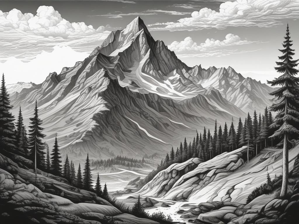 A detailed and fine black and white pencil sketch illustration of the Wielki Rogacz mountain, showcasing its majestic peak at 1182 meters above sea level. The foreground features a winding trail leading up the mountain, surrounded by lush greenery and rocky outcrops. In the background, the landscape shows a panoramic view of the surrounding mountains and valleys under a clear sky. The composition should focus on the mountain as the main subject, with a simple and clear layout, highlighting the natural beaut