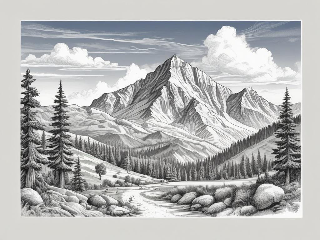 A highly detailed pencil sketch of Turbacz peak, surrounded by lush green mountains and a clear blue sky. The foreground should feature hikers making their way to the peak, capturing the sense of adventure and teamwork. The background should be a simple depiction of the Gorce mountain range, with a focus on the distinct shape of Turbacz. The overall tone should be inspiring and serene, with fine details in the pencil work.