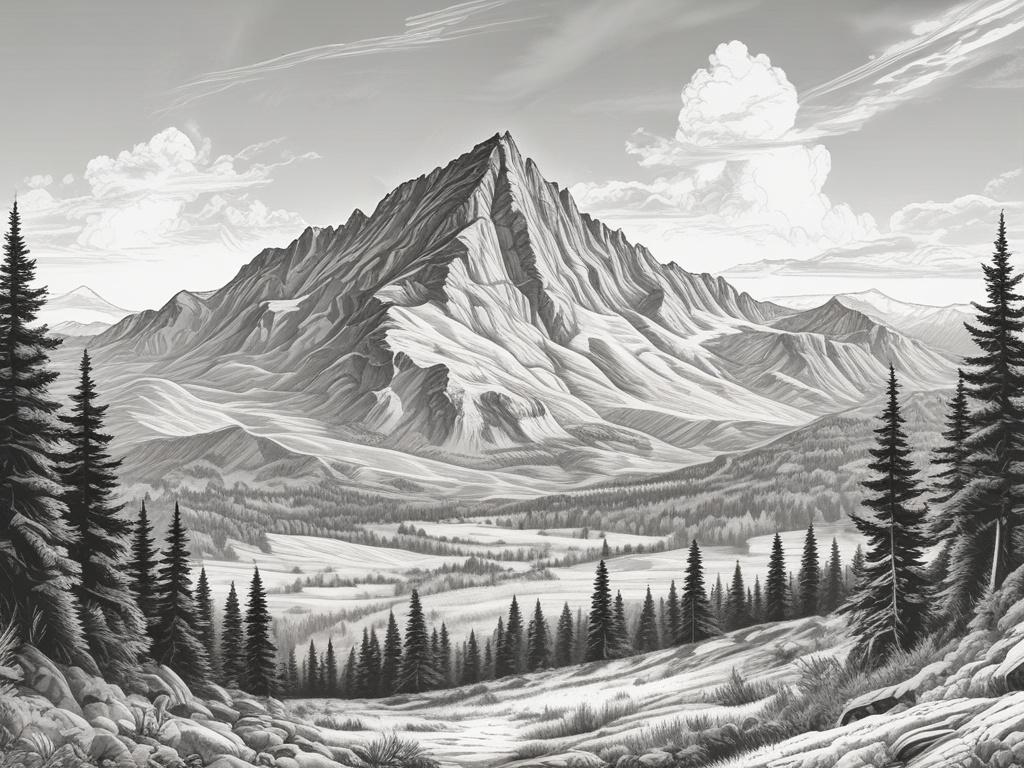 A detailed pencil sketch of Skalnik mountain at 945 meters above sea level, located in Rudawy Janowickie. The image should capture the majestic peak surrounded by lush greenery, with a clear sky in the background. The composition should focus solely on the mountain as the main subject, emphasizing its height and natural beauty.