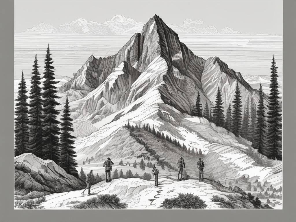 A detailed black and white pencil sketch of the Łysica mountain peak, showcasing its distinctive shape and surrounding forest. The foreground features a group of hikers making their way up the mountain trail, while the background displays a panoramic view of the Świętokrzyskie Mountains under a clear sky. Focus on the textures of the trees and rocks, emphasizing the natural beauty of the landscape.