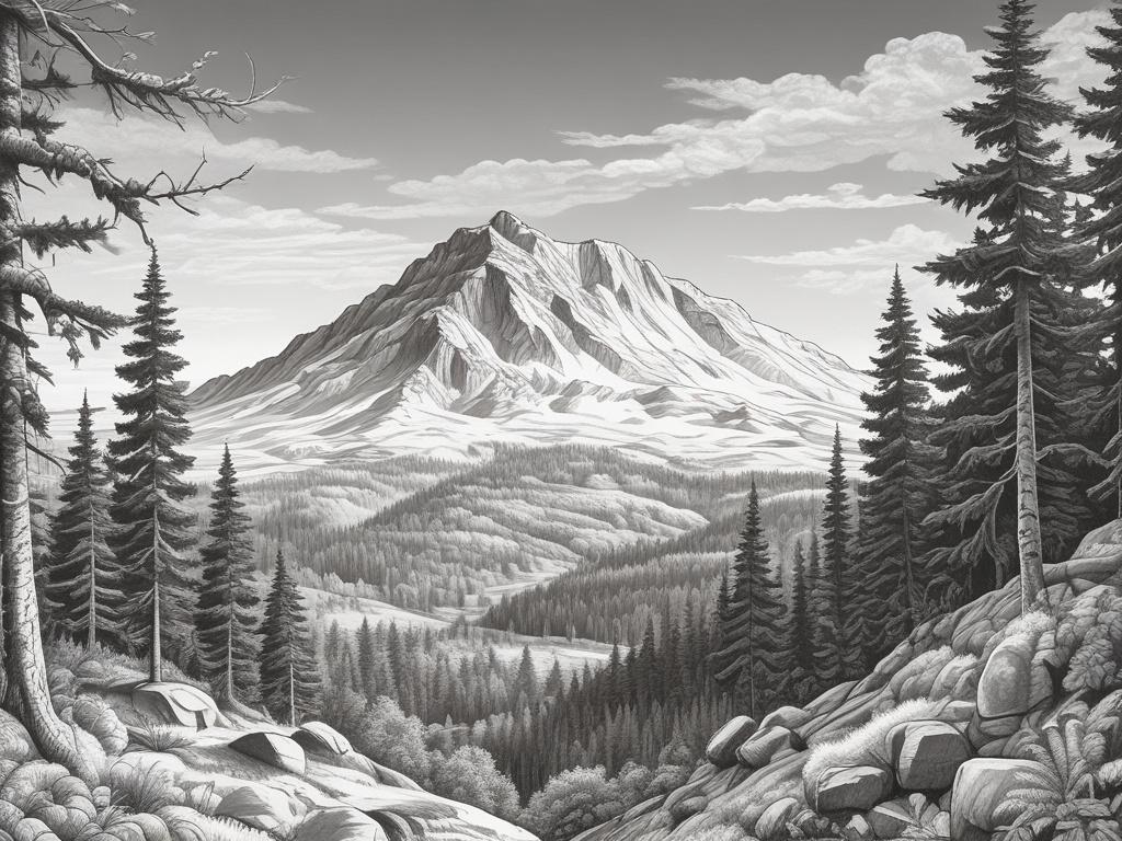 A detailed black and white pencil sketch of Wielka Sowa mountain, 1015 m high, surrounded by lush forest. The mountain should be the main focus, showcasing its majestic height and rocky peaks. The background should feature a clear sky and a few clouds, emphasizing the grandeur of the mountain. The illustration should be intricate and fine-detailed, capturing the essence of the natural landscape.