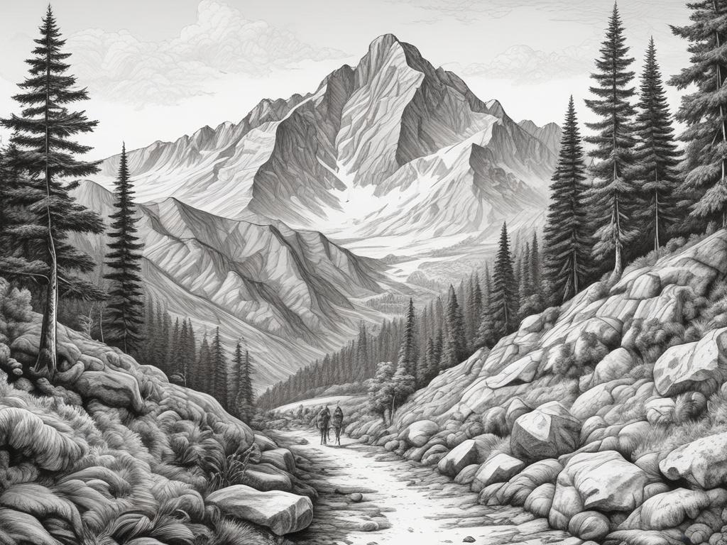 A detailed black and white pencil sketch of Babia Góra mountain, climbers on the path, lush greenery around, in a calm and encouraging atmosphere.