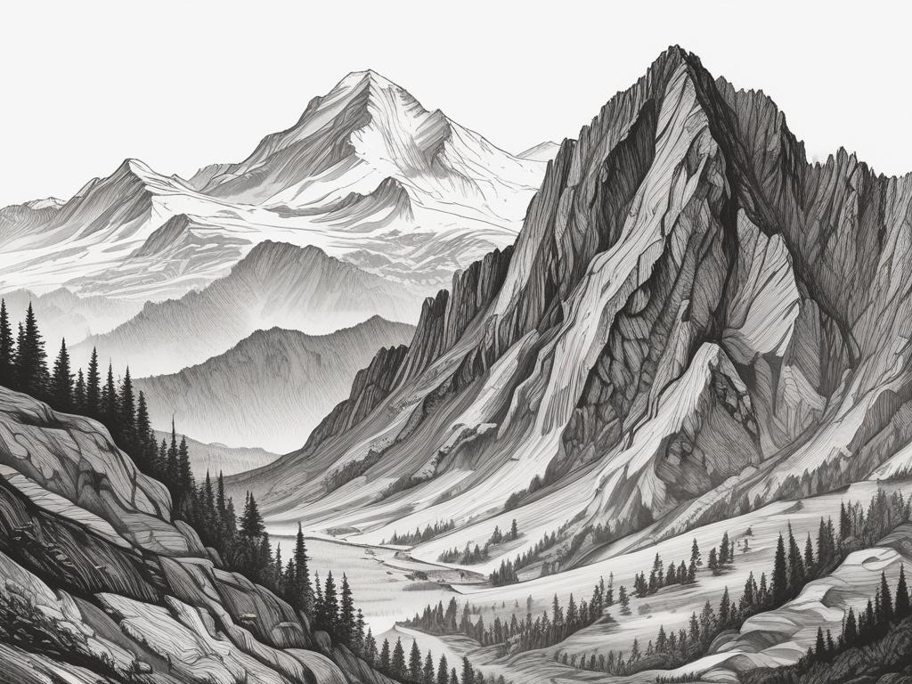 A detailed pencil sketch of a mountain peak named Kowadło, standing at 989 meters above sea level, located in the Złote Mountains. The composition should highlight the rugged terrain and surrounding nature, showcasing the peak's distinctive features. In the foreground, include a group of hikers, depicted in a realistic style, preparing for their ascent. The background should feature a clear sky and the lush greenery typical of mountain landscapes, all rendered in fine-detailed black and white.