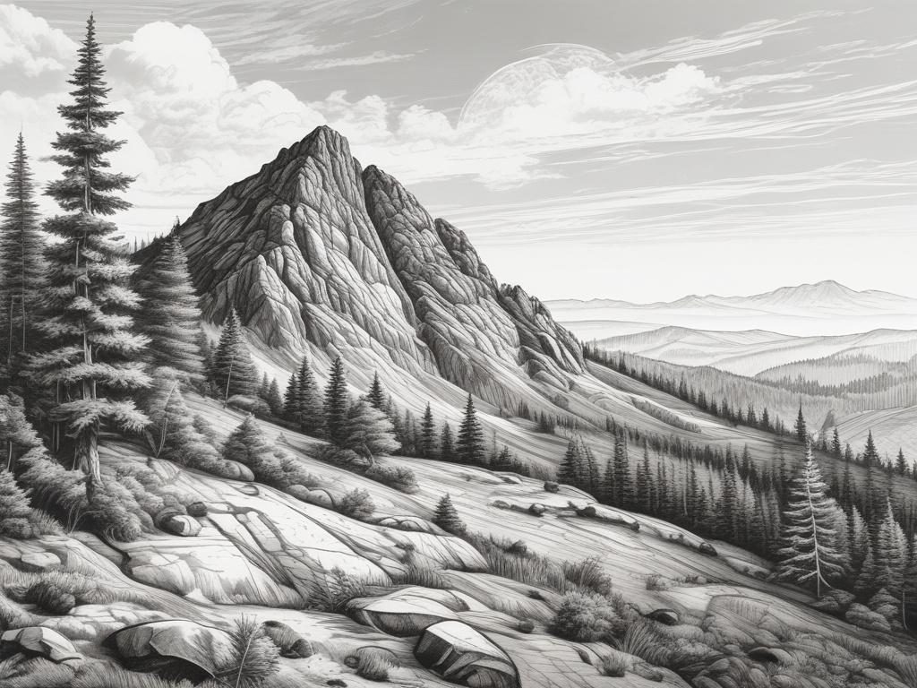 A detailed black and white pencil sketch of Lubomir mountain peak (904 m above sea level) in Beskid Makowski region. The image should capture the majestic mountain with a clear sky and lush greenery surrounding it. The foreground should include a group of hikers celebrating their achievement at the summit, showcasing joy and camaraderie. The overall composition should be simple and clear, focusing on the mountain and the hikers.