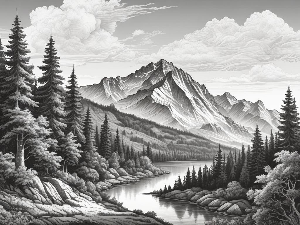 A detailed black and white pencil sketch of the Chełmiec mountain, showcasing its prominent peak at 851 meters above sea level, surrounded by lush green hills and trees in the foreground. The sky is clear with a few clouds, creating a serene and inviting atmosphere. The composition is simple and clear, focusing solely on the mountain as the subject.