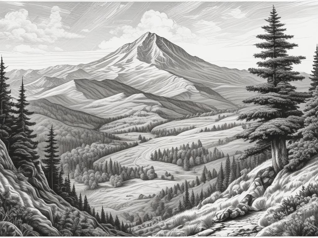 A detailed black and white pencil sketch illustration of Tarnica mountain, showcasing its majestic peak at 1346 meters, surrounded by lush green valleys typical of Bieszczady. The foreground should include hikers making their way up the trail, capturing the essence of adventure and teamwork. The sky should be clear with a few clouds, enhancing the beauty of the mountain landscape.