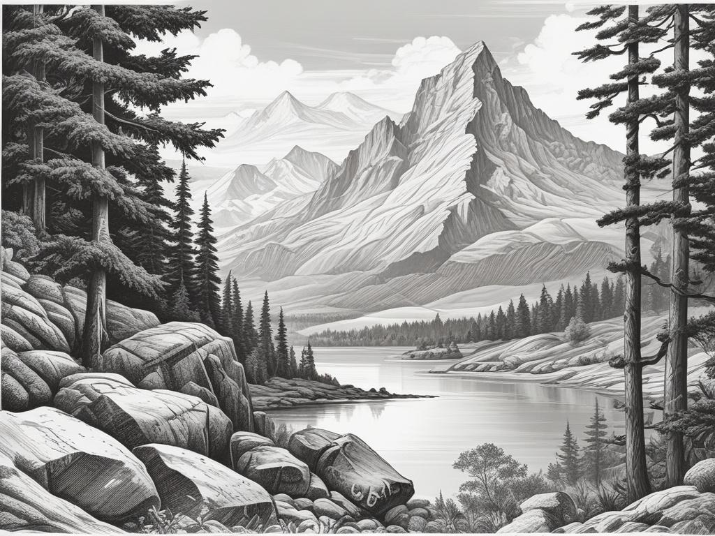 A detailed black and white pencil sketch of the Orlica mountain peak (1084 m), showcasing its rugged terrain and surrounding landscape. The scene should capture the natural beauty of the Orlickie Mountains, with trees and rocky features in the foreground. The composition should be clear, focusing on the mountain peak and a serene sky, emphasizing the grandeur of this natural landmark.