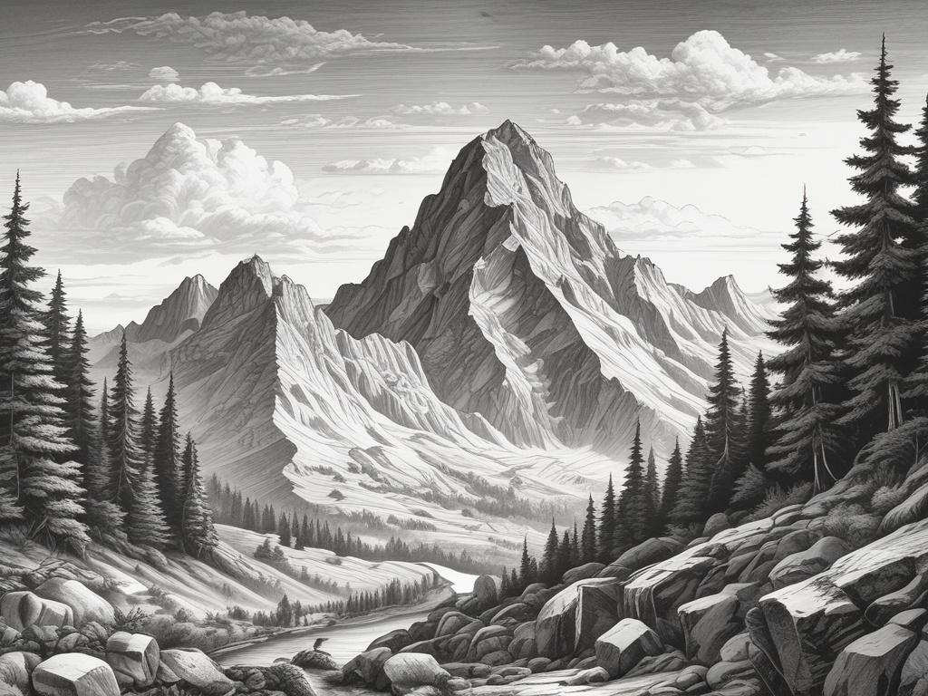 A detailed black and white pencil sketch of the Śnieżnik mountain peak, showcasing its rugged terrain and surrounding landscape. The composition focuses on the summit, with subtle details highlighting the rocky features and the sky above. In the background, gently rolling hills can be seen, creating a serene atmosphere. The sketch should be finely detailed, reflecting the beauty of nature in a realistic manner.