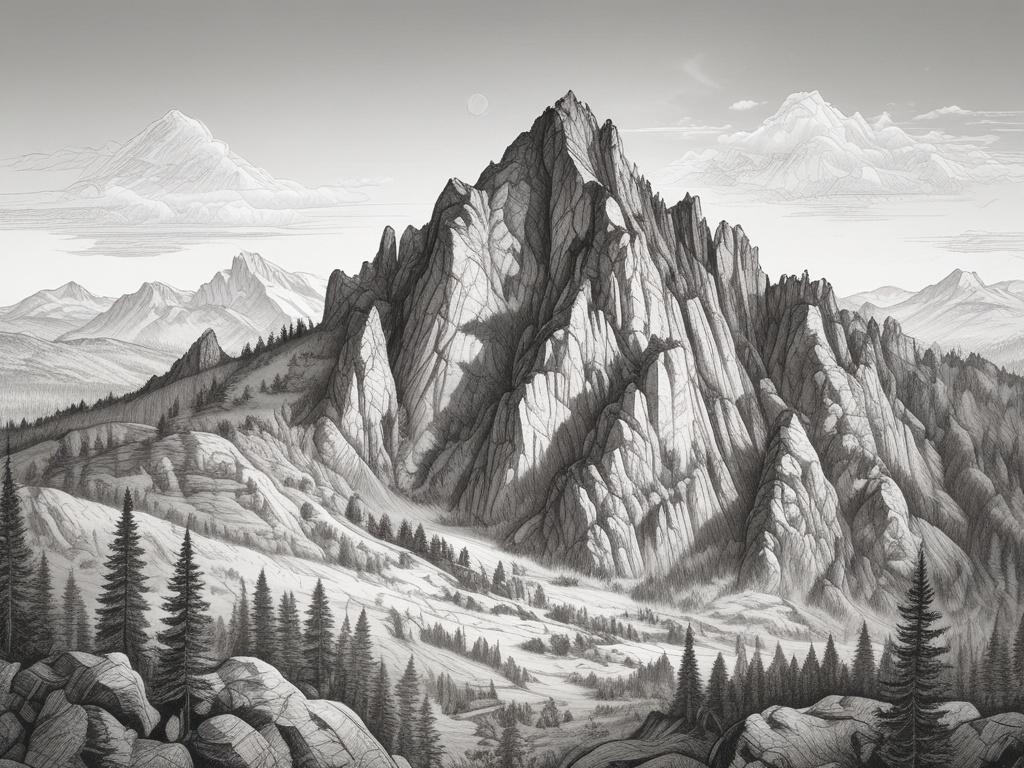 A detailed black and white pencil sketch of a rocky mountain peak named Wysokie Skałki in the Pieniny range. The image should focus on the rugged cliffs and sharp peaks of the mountain, surrounded by a clear sky. The foreground should include a hiker with a backpack, standing triumphantly at the summit, symbolizing achievement. The background should feature distant mountains and a few scattered clouds, enhancing the majestic feel of the landscape.