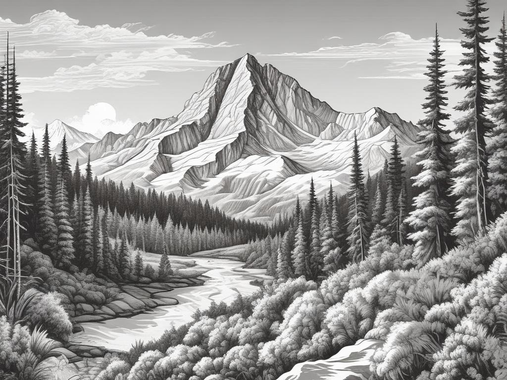 A detailed black and white pencil sketch illustrating a majestic mountain peak, specifically Jagodna (977 m n.p.m.), surrounded by lush greenery and a clear sky. The composition should focus on the mountain with a foreground of hikers, capturing the spirit of adventure and nature. The background should feature subtle details of the surrounding hills and valleys, enhancing the sense of elevation and beauty.