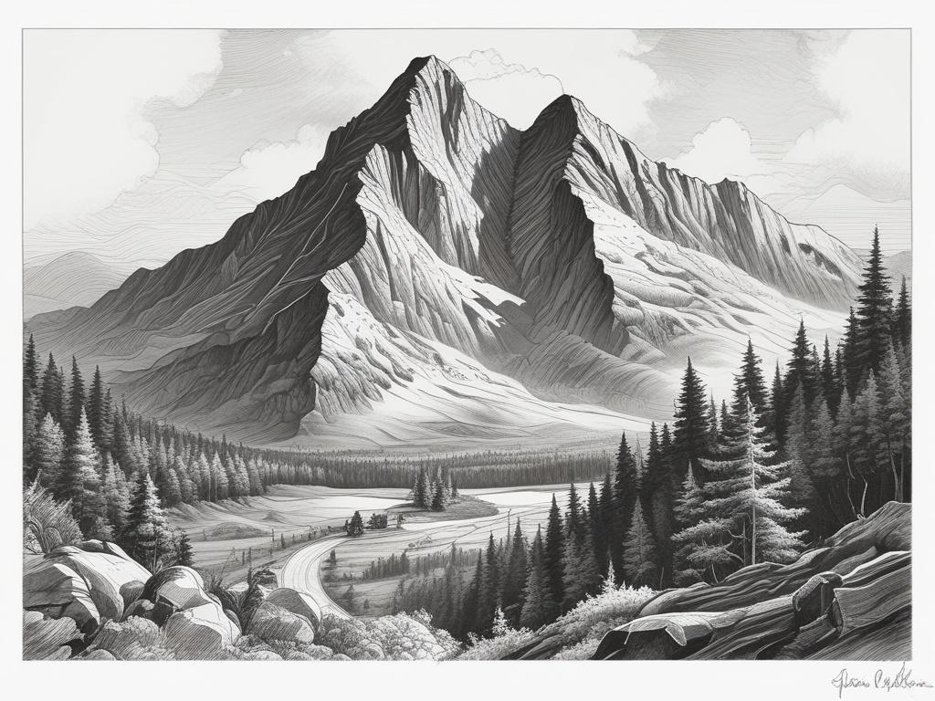 A detailed black and white pencil sketch of the peak of Rudawiec (1112 m), surrounded by the Bialskie Mountains. The composition should portray the peak prominently in the center, with lush greenery and rugged mountain terrain in the background. The sky should be clear, showcasing the height and majesty of the mountain. The drawing should capture fine details of the landscape, emphasizing the natural beauty of the area.