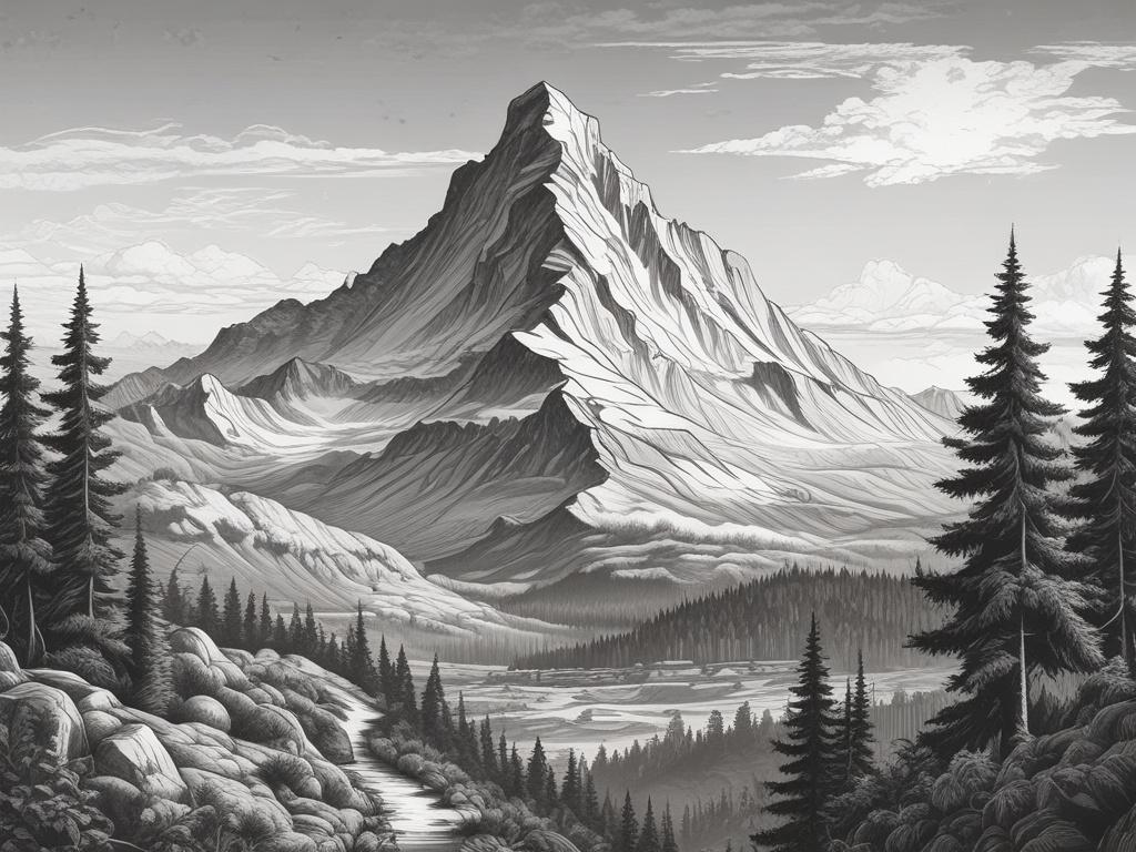 A highly detailed black and white pencil sketch of a majestic mountain peak, Biskupia Kopa, surrounded by lush landscapes and a clear sky. The focus is on the peak itself, showcasing its height and grandeur. In the foreground, include a few hikers trekking towards the summit, capturing the spirit of adventure and teamwork. The scene should convey a sense of achievement and connection with nature.