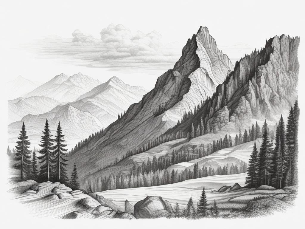 A detailed black and white pencil sketch of the Trzy Korony mountain peak, showcasing its distinct shape and surrounding landscape. The composition should focus on the peak with a clear sky in the background, emphasizing the natural beauty of the Pieniny mountains. The drawing should be intricate, highlighting the rocky textures and the lush greenery at the base of the mountains.