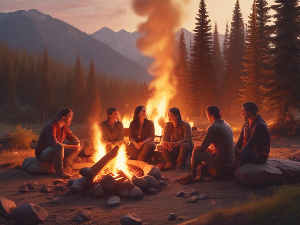 A group of students sitting around a campfire in a