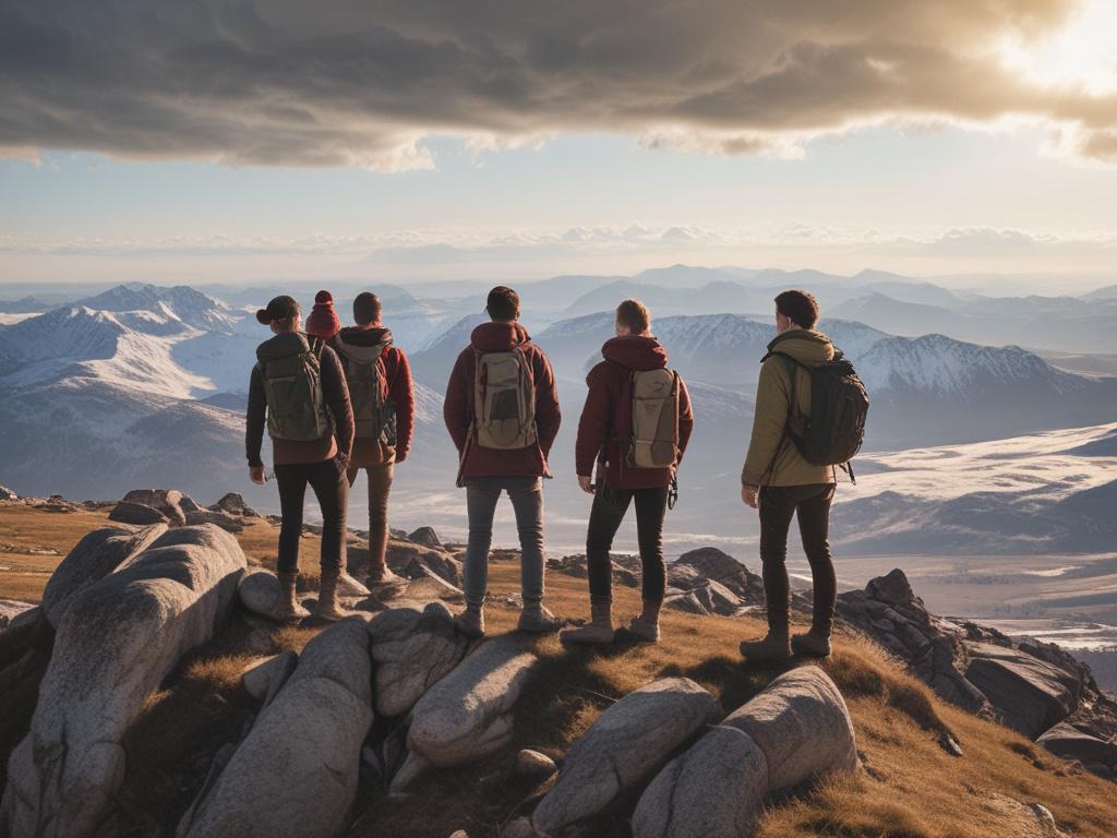 A group of students in hiking gear, celebrating at the
