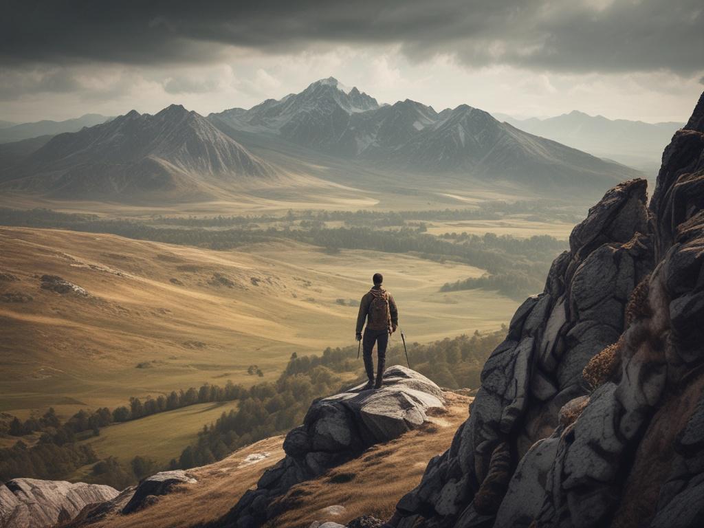 **Prompt for AI Image Generator:**

Create a highly realistic high-resolution photo depicting a solitary hiker standing triumphantly at the summit of a majestic Polish mountain peak, symbolizing the mission of "Zdobywamy Szczyty: Nasza Misja." The hiker, dressed in appropriate outdoor gear, should be captured mid-celebration, arms raised in exhilaration, embodying a spirit of adventure and accomplishment.

The background should feature a breathtaking panoramic view of other towering mountain peaks, lush gre