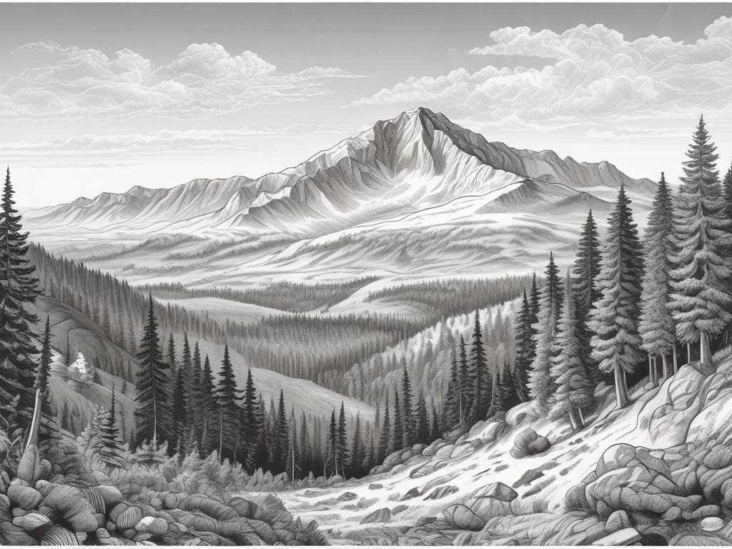 A detailed pencil sketch illustration of the Wysoka Kopa mountain in the Izera Mountains, featuring a clear peak with hikers near the summit. The background should depict a rugged mountainous landscape with trees and a clear sky. The style should be fine-detailed black and white, emphasizing the natural beauty and majesty of the mountain.