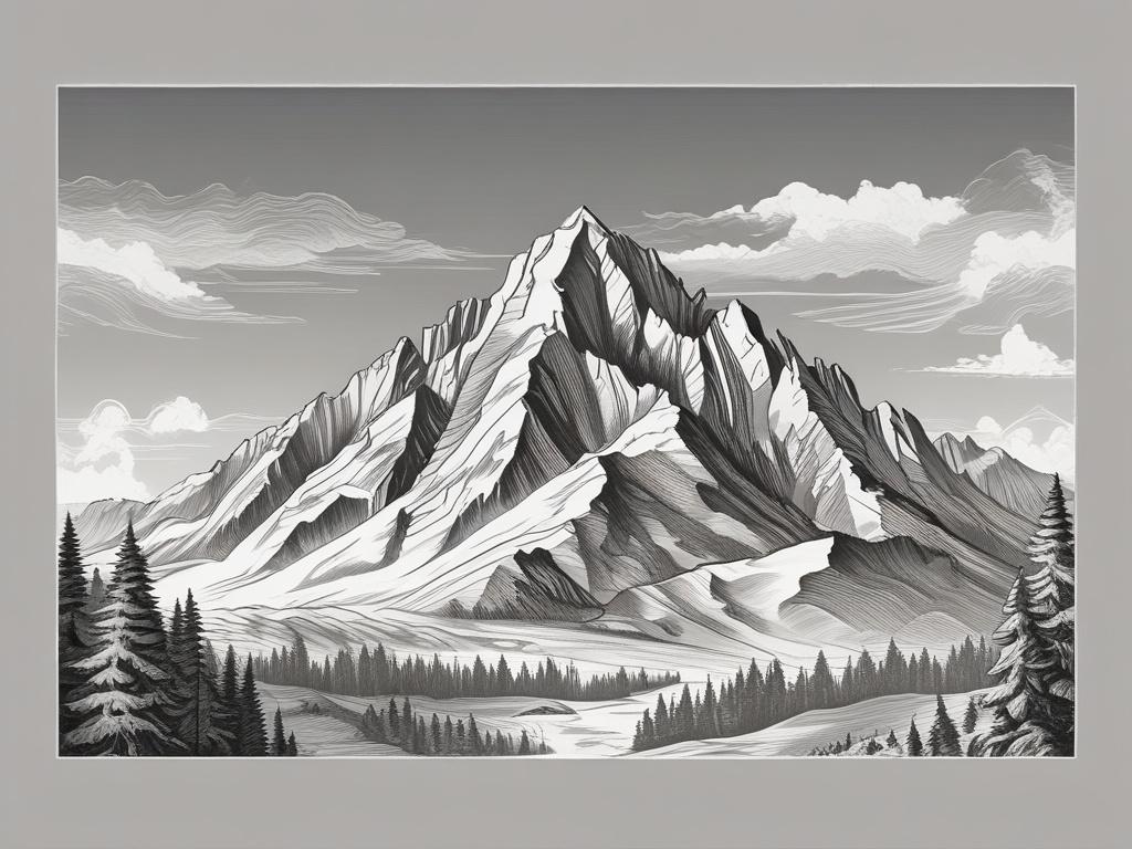 A detailed black and white pencil sketch of Radziejowa mountain, showing its peak at 1266 m above sea level. The illustration captures the grandeur of the mountain with surrounding lush forest and scenic landscape in the background. The composition should focus solely on the mountain, highlighting its height and beauty, without any text or abstract shapes.
