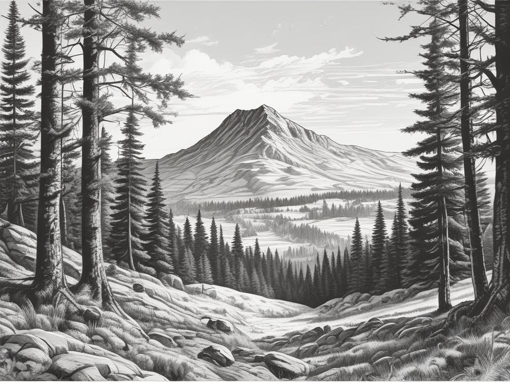 Create a high-quality black and white pencil sketch illustration of Czupel mountain (933 m) in the Beskid Mały region. The composition should feature the mountain prominently in the center, with lush greenery surrounding it and a clear sky in the background. The style should be detailed and fine, capturing the natural beauty of the landscape. Avoid any text or abstract shapes.
